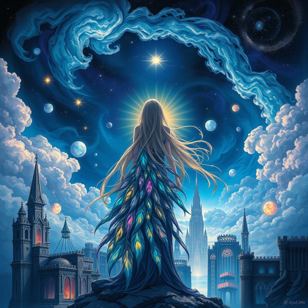 Mystical Woman in Cosmic Cityscape