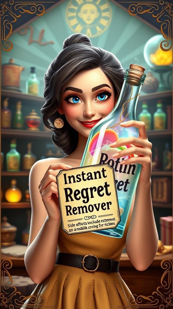 Fantasy-style advertisement poster for a magical potion. A c...