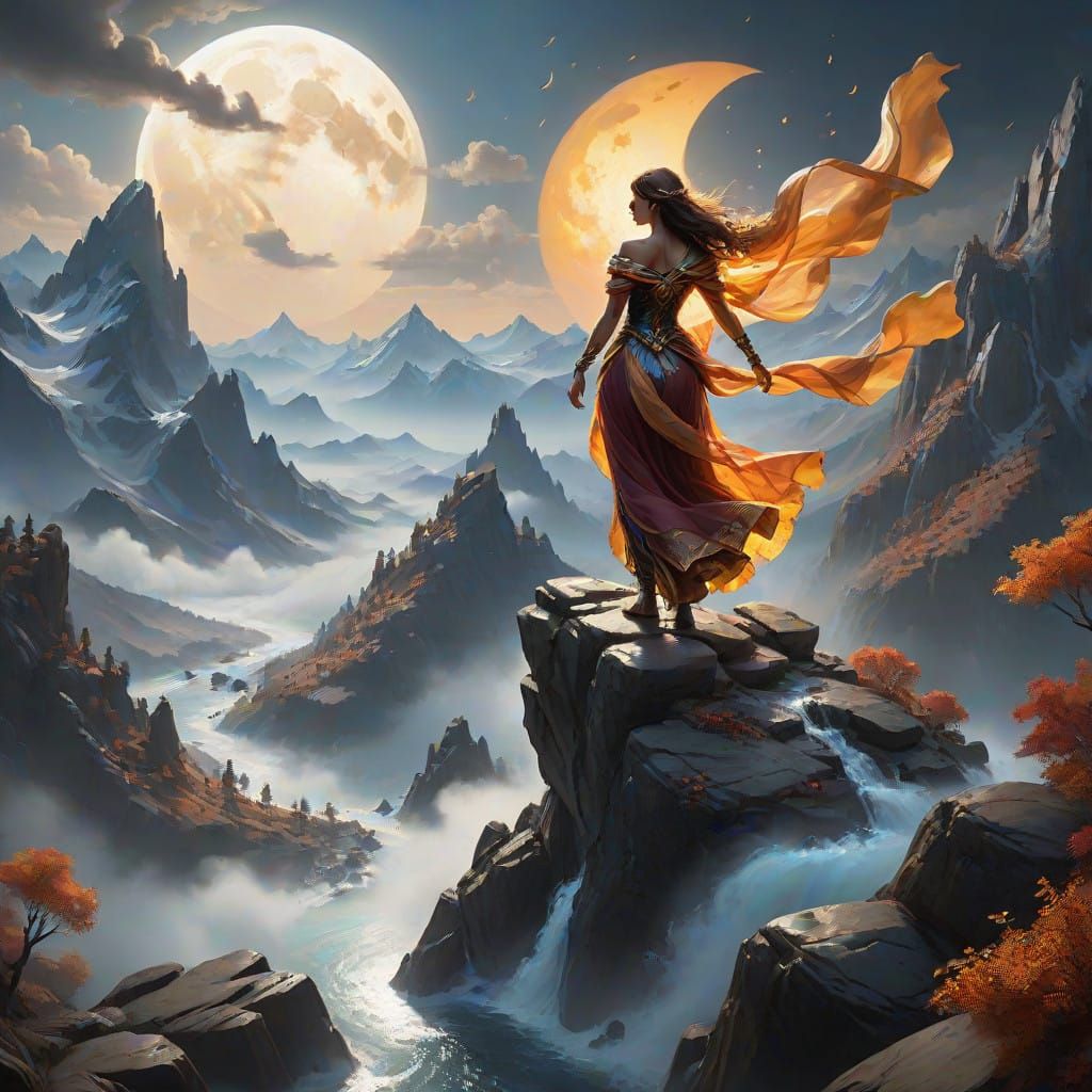 Regal Figure Basks in Divine Light Amidst Majestic Mountains