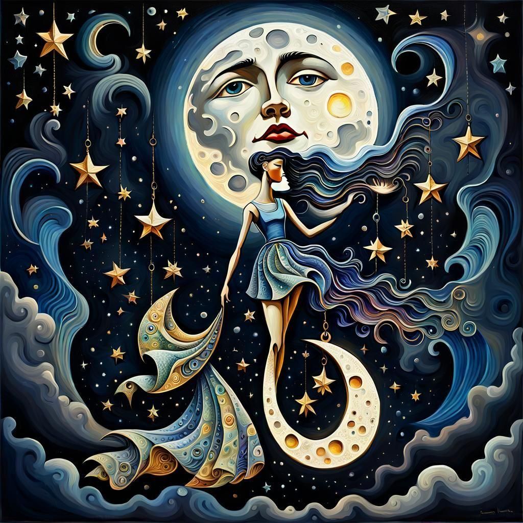 Moon Hung Among Winking Stars: Post-Impressionist Oil Painti...