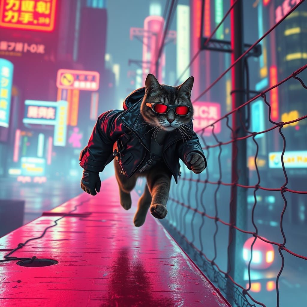 Cyberpunk Cat Runs Electric Fence in Dystopian City