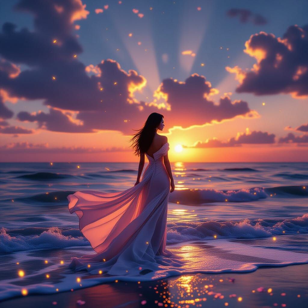 Sunset Warrior: Hyper-Realistic Asian Woman in Silk Gown