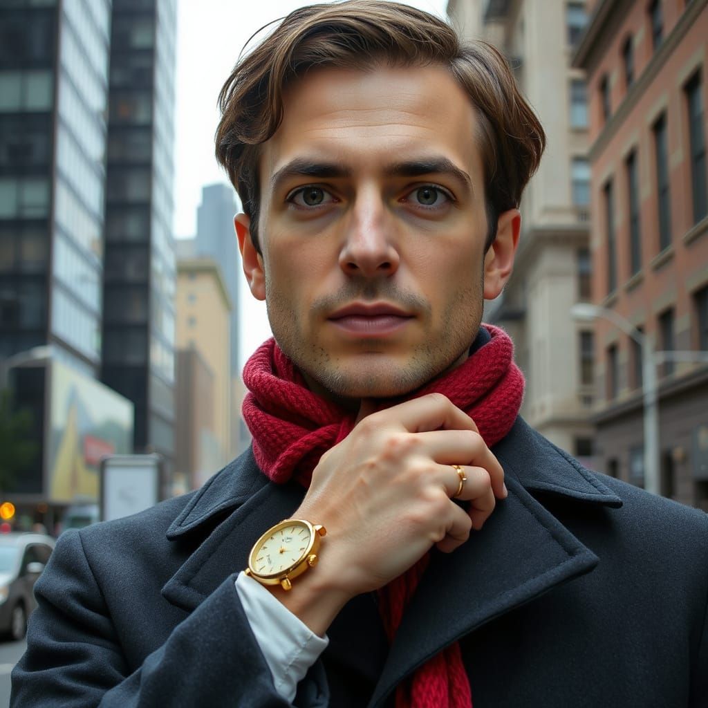 Hyperrealistic Man with Red Scarf in Cityscape