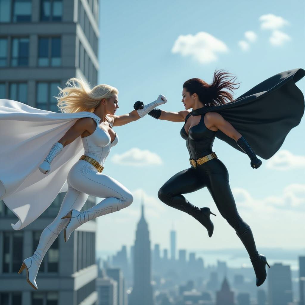Superheroes Clash: Light vs Dark in Epic Aerial Battle