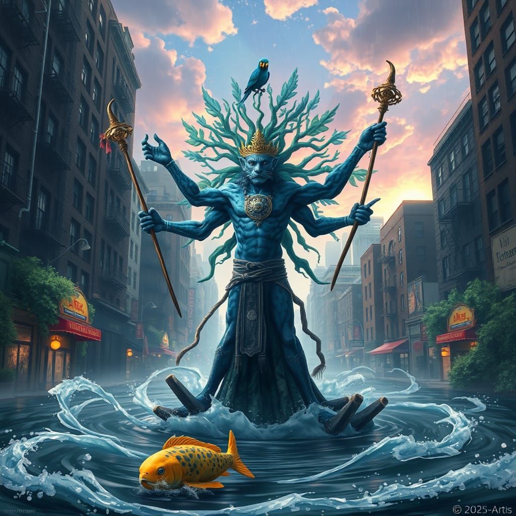 Blue Leopard Shaman in Flooded New York, Anime Style