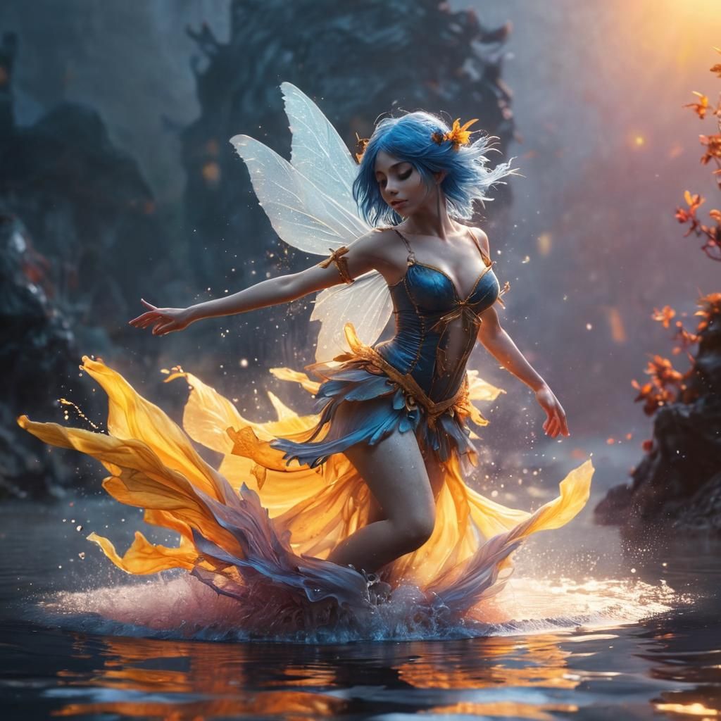 Blue-Haired Fairy Dancing in Misty Waters