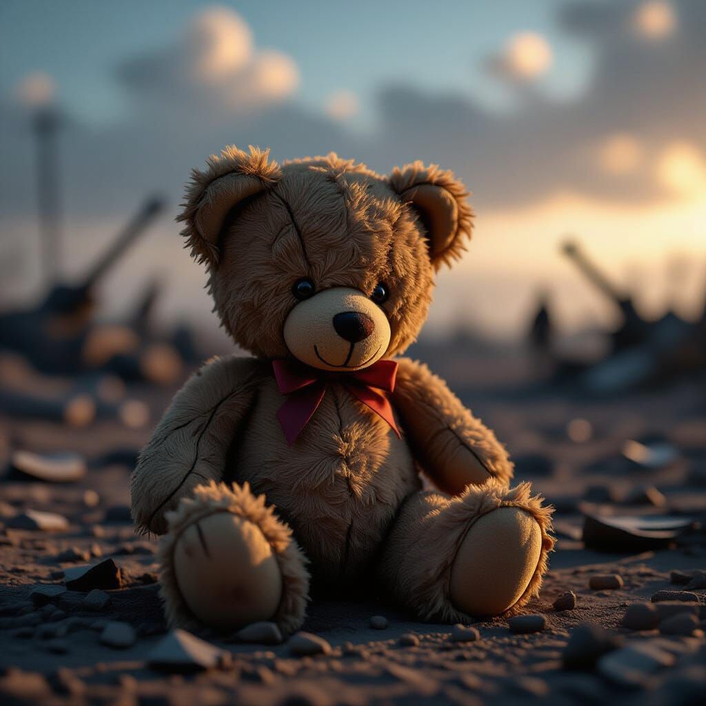 Tattered Teddy Bear on Desolate Battlefield