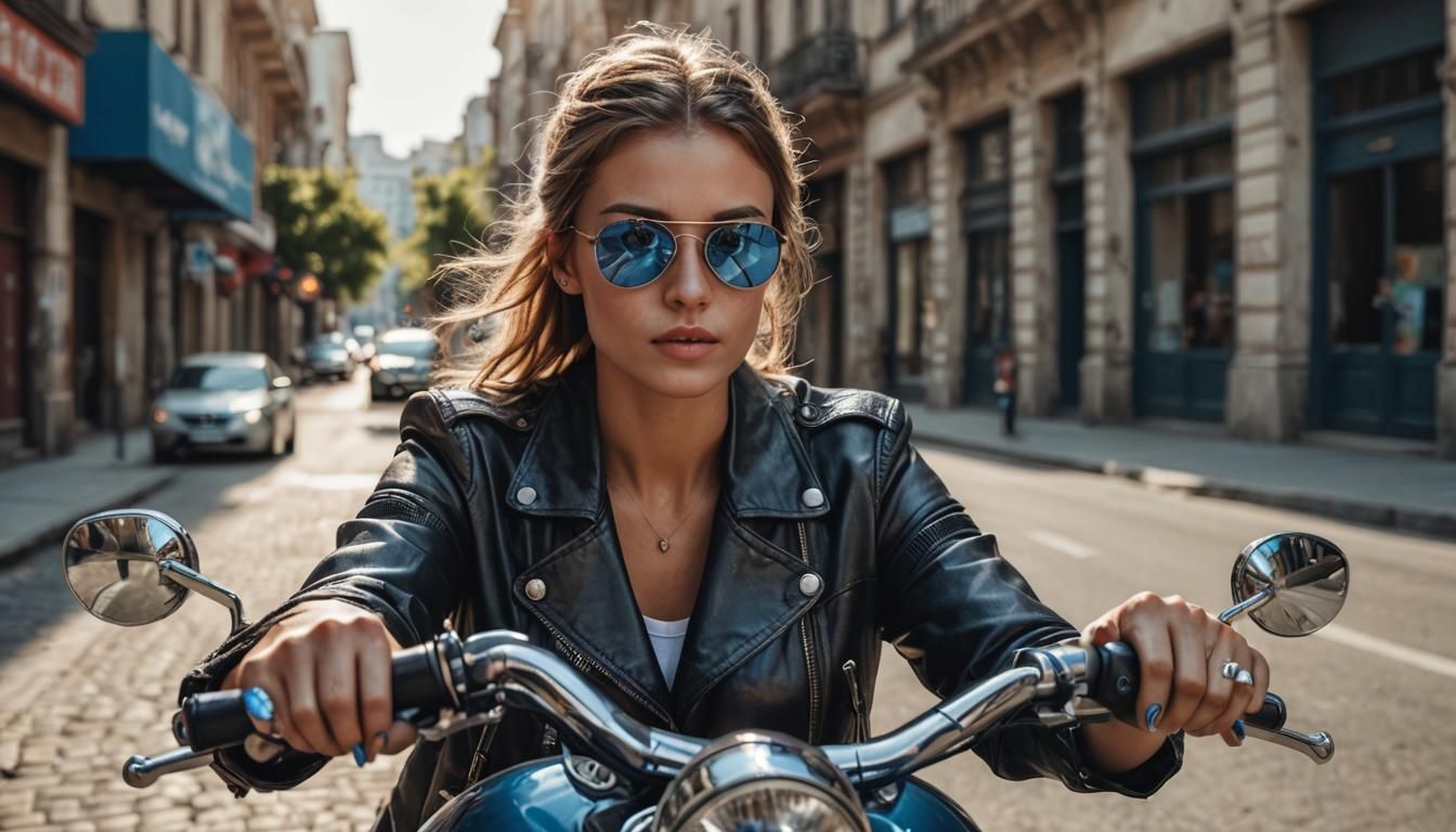 Female Motorcycle Rider: Photorealistic Close-up Portrait