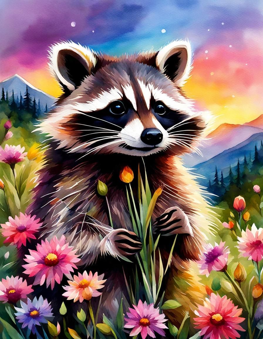 Cute Baby Raccoon Smells Wildflowers on Pastel Mountain