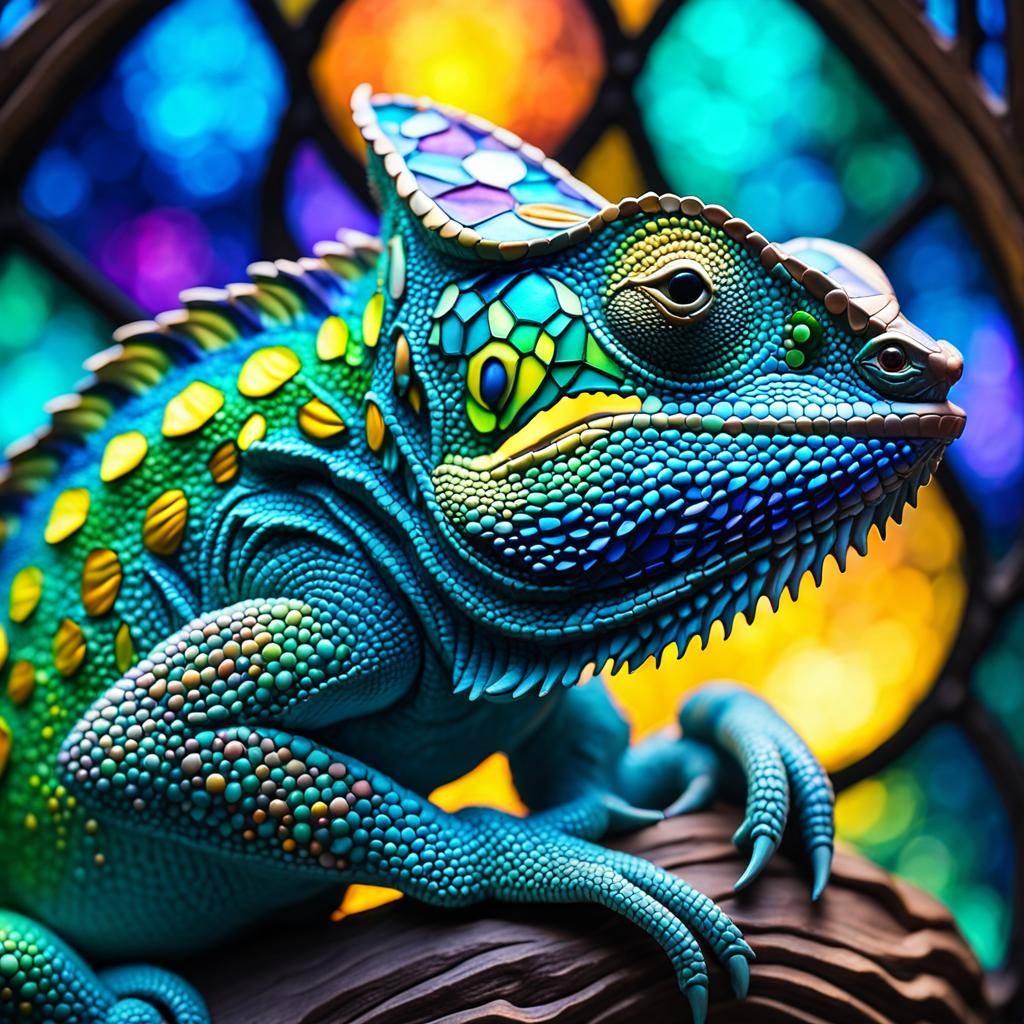 Surreal Stained Glass Chameleon in Pastel Colors