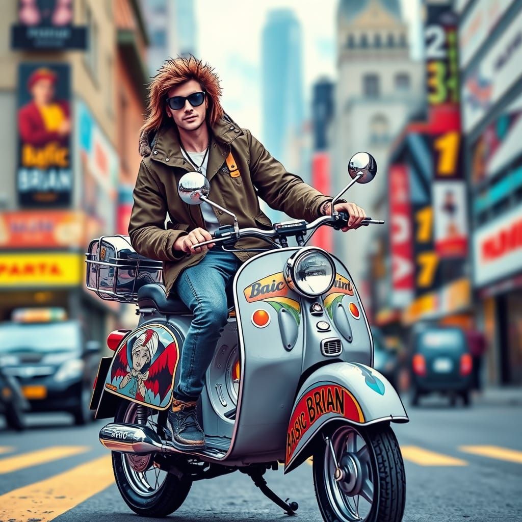 Mod wearing a parka on a mod scooter wrapped in "Basic brian...