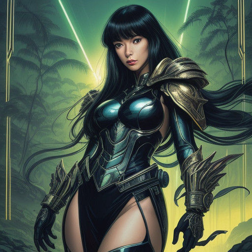 Cyberpunk Goddess Amidst Lush Greenery