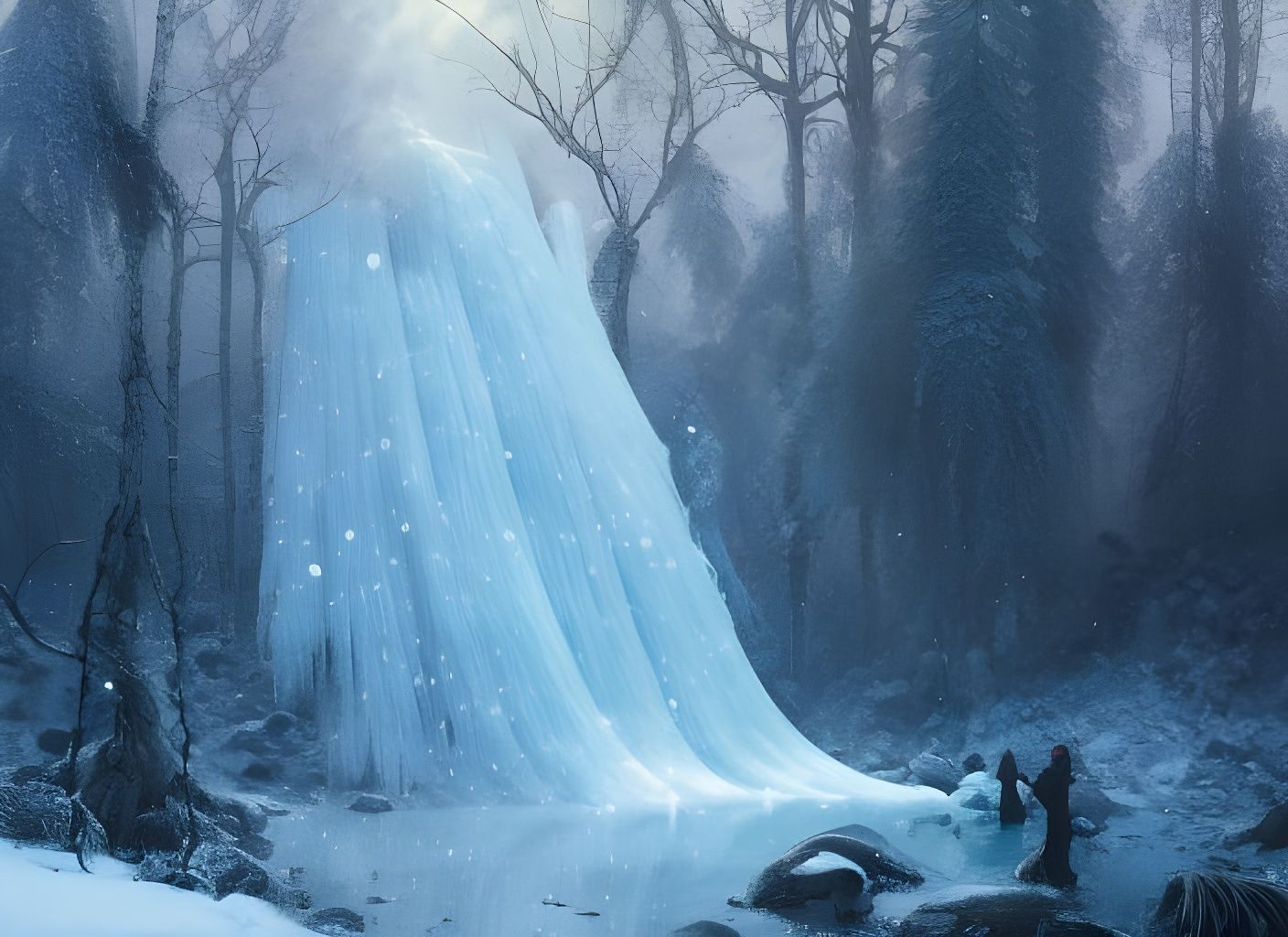Frozen Waterfall in Winter Forest: Hyperdetailed Fantasy Pai...