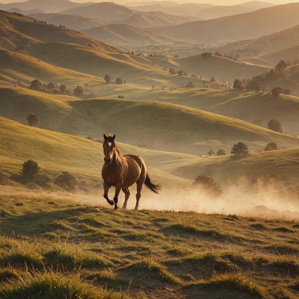Vibrant Oil Painting of Horse in Golden Sunset Hills