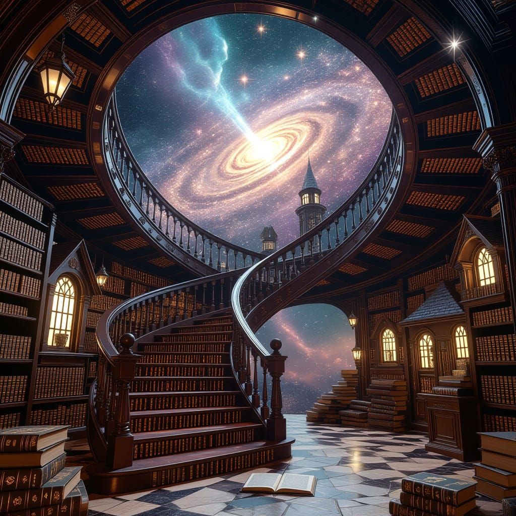 Ethereal Library Galaxy with Twisted Codices and Sparkling S...