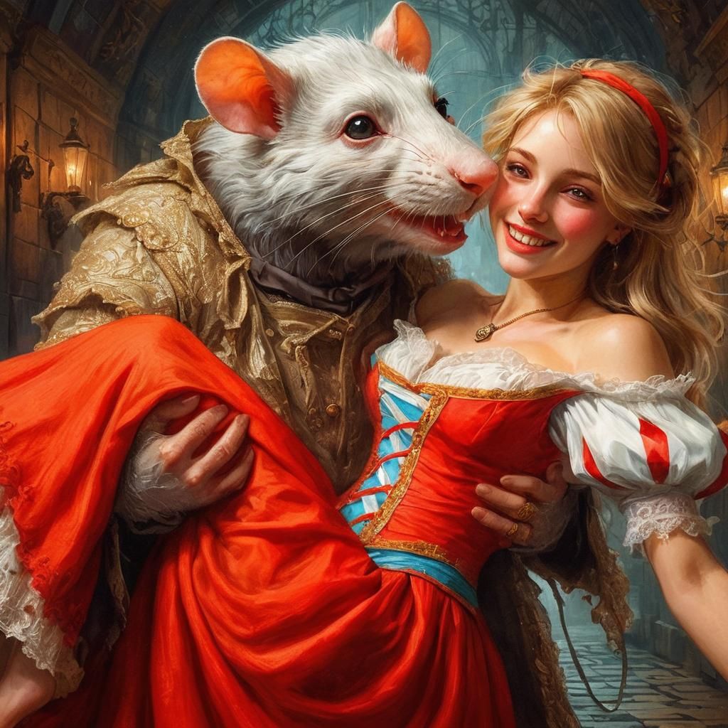 Woman Carried by Mouse in Soft Watercolor Style