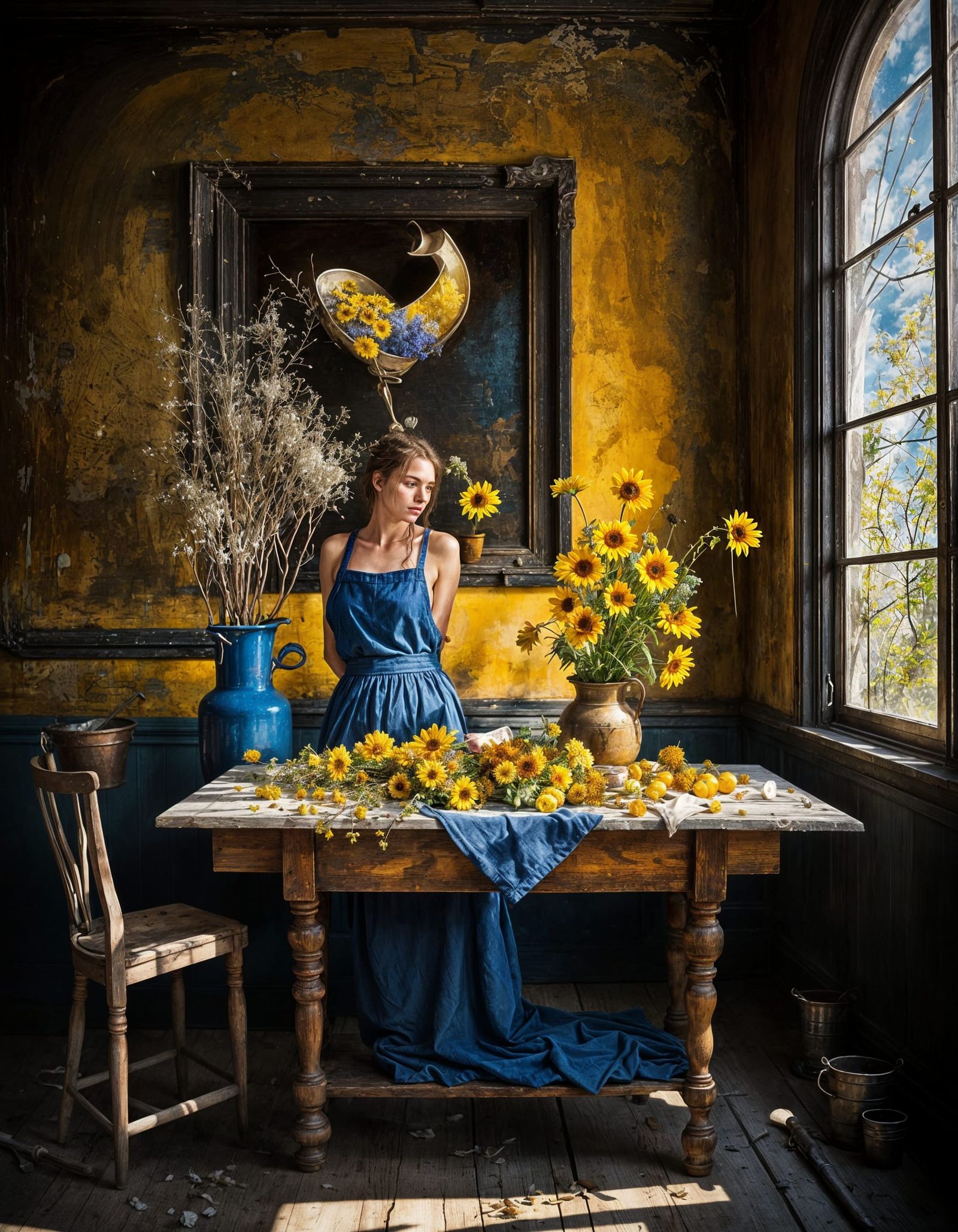 Hyperrealist Flowers on Butcher Table in God Rays