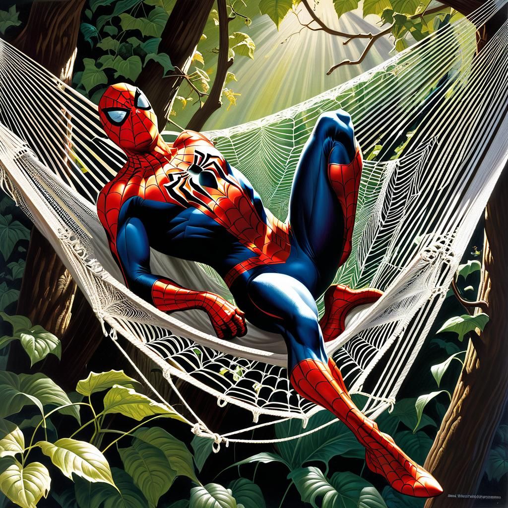 Spider-Man Relaxing in Spiderweb Hammock as Comic Art