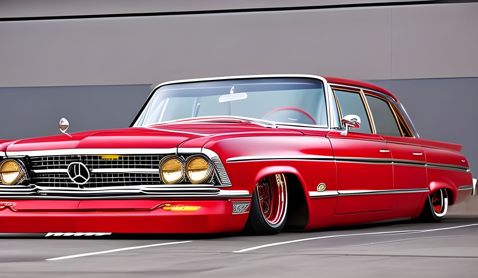 Candy Red Lowrider Cadillac Burnout in Hyperrealistic Style