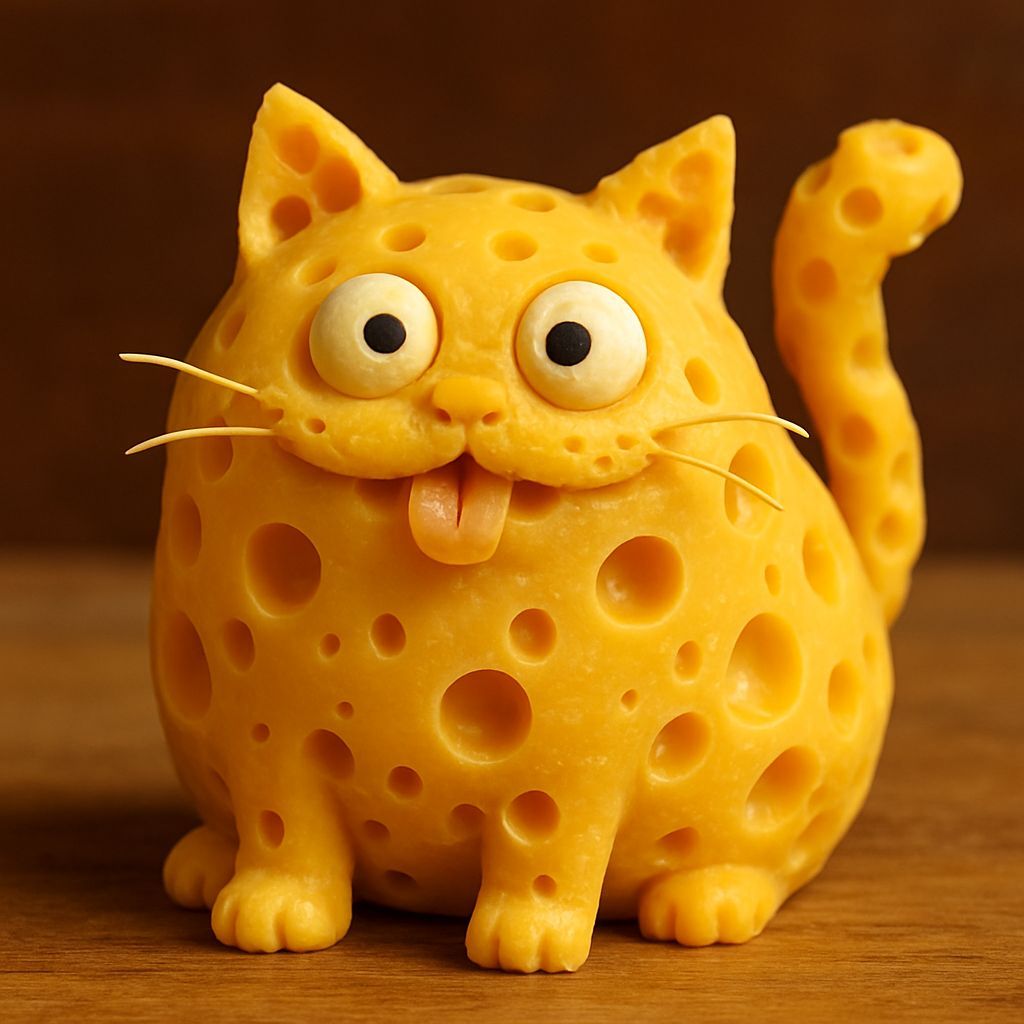 Humorous Cheese Cat with Derpy Expression