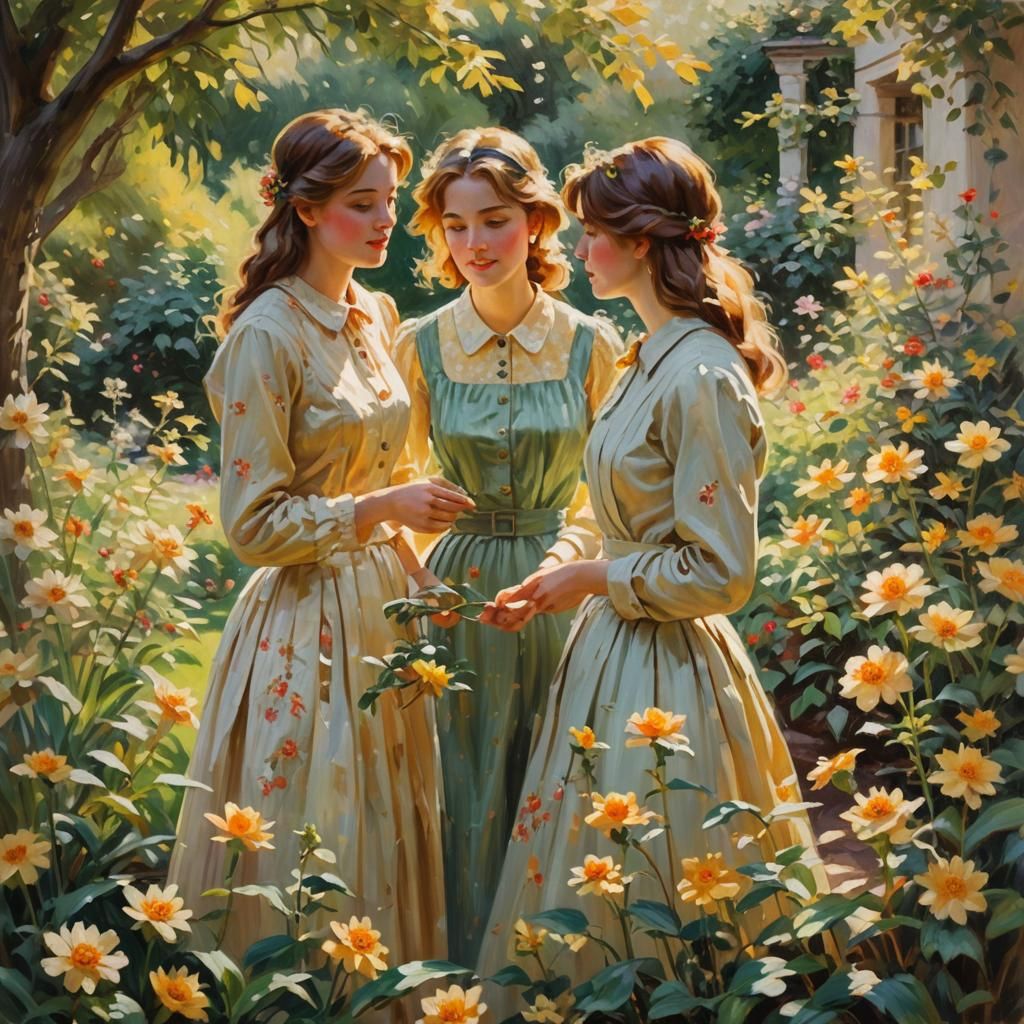 Impressionist Garden Gossiping: Warm Oil Painting