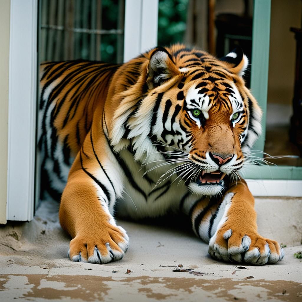 Tiger Shatters Window and Enters Living Room