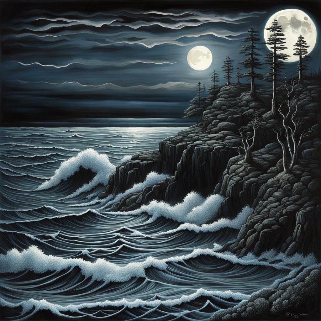 Moonlit Seascape with Light Buoy, in Giger Style