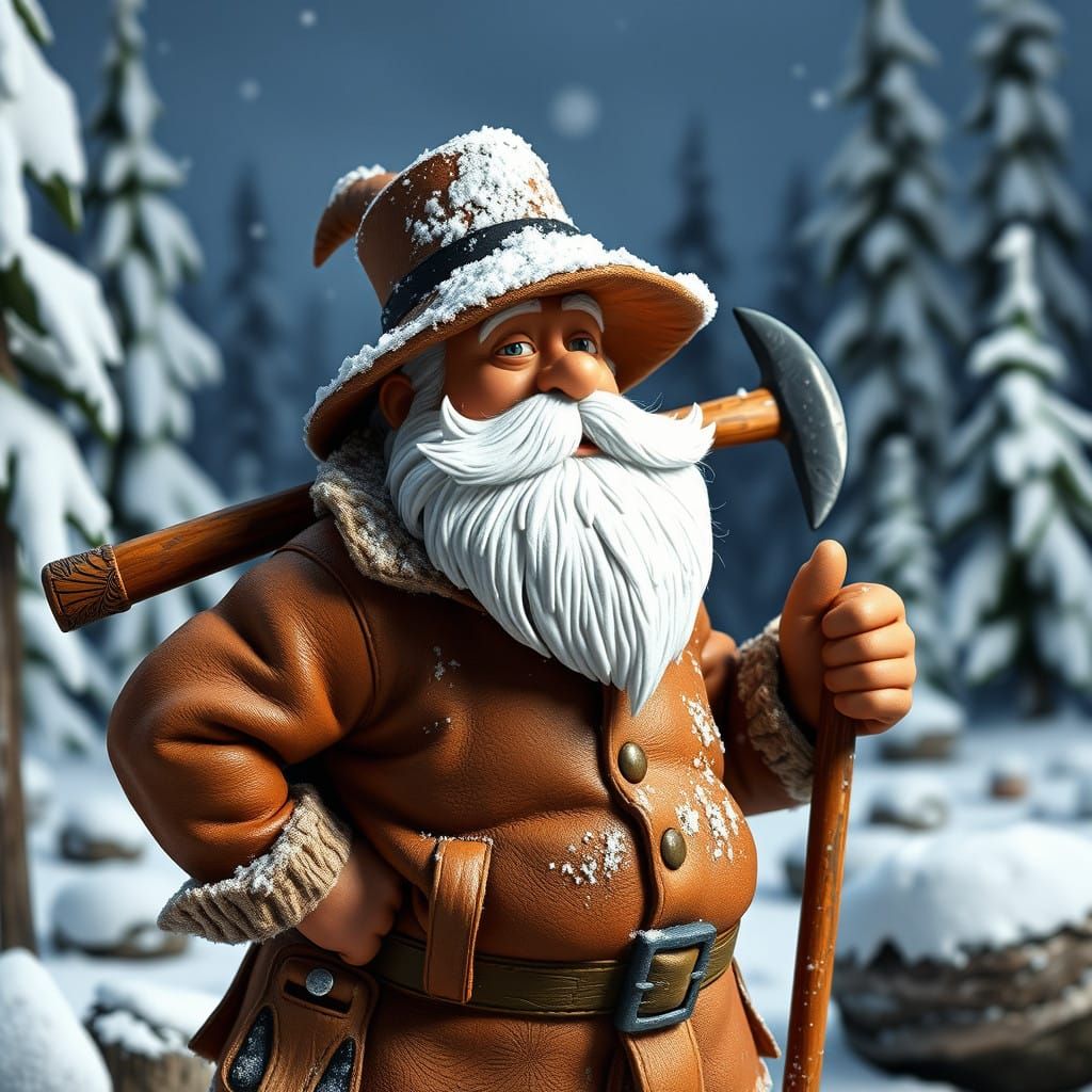 Rugged Claymation Prospector Stands Tall in Snowy Wilderness