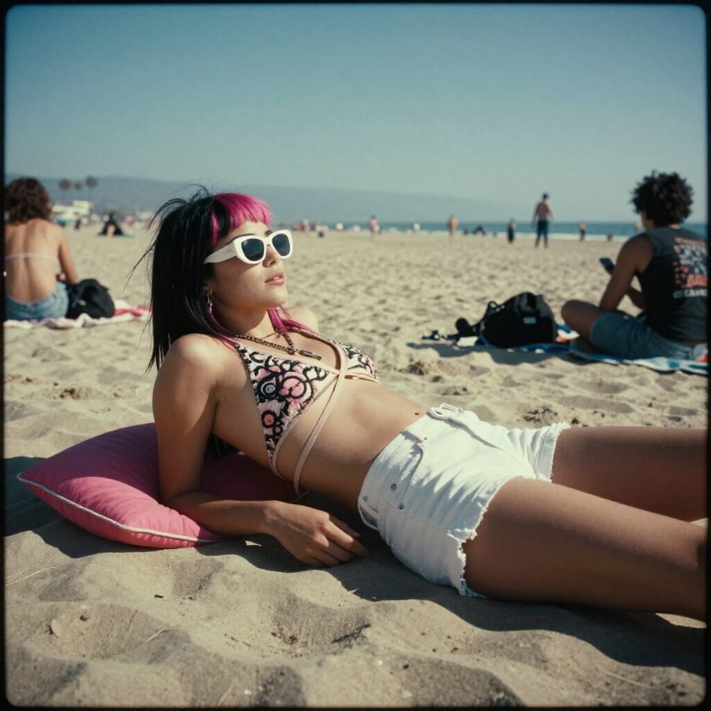 Punk Girl Sunbathing on Venice Beach Cinematic Style