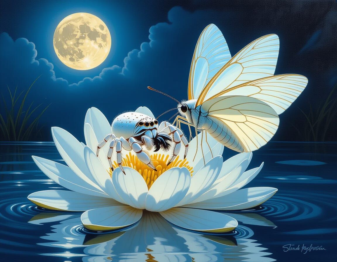 Crab Spider's Lunar Feast: Hyperrealistic Oil Painting