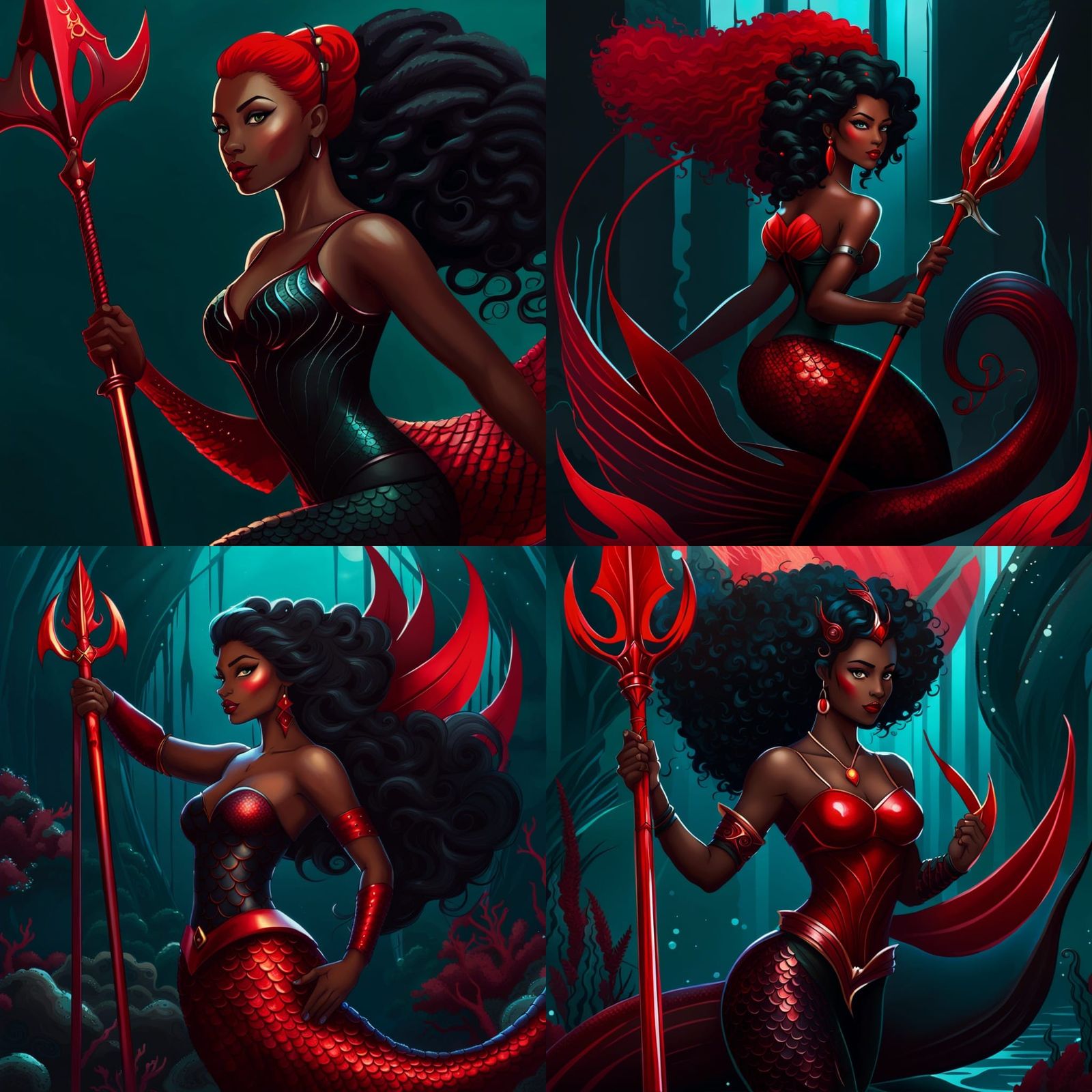 Black Mermaid with Trident in Cyberpunk Fairycore Style