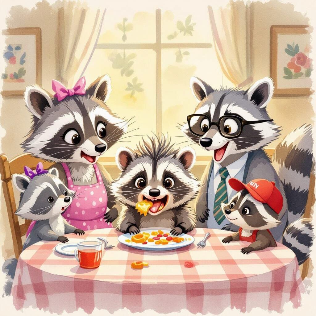 Whimsical Opossum Joins Raccoon Family Dinner