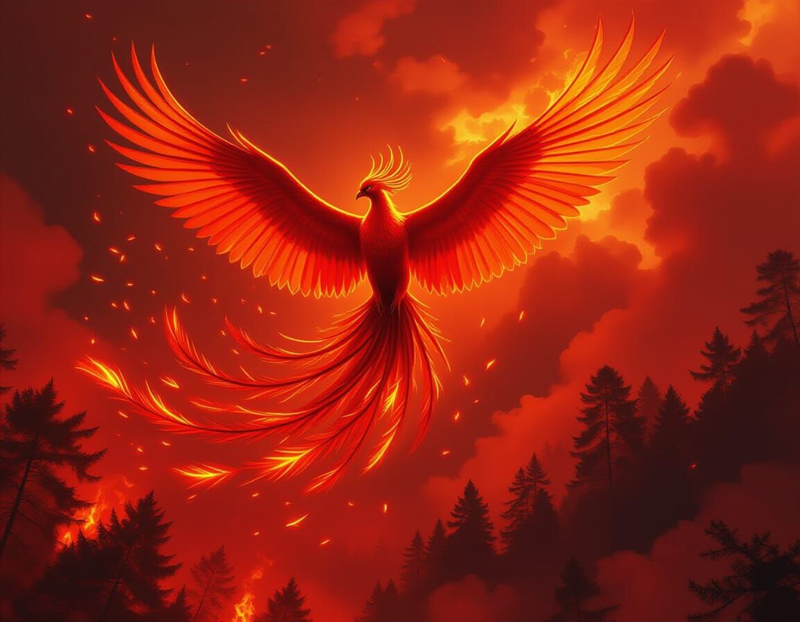 Majestic Phoenix in Flight Over Fiery Forest