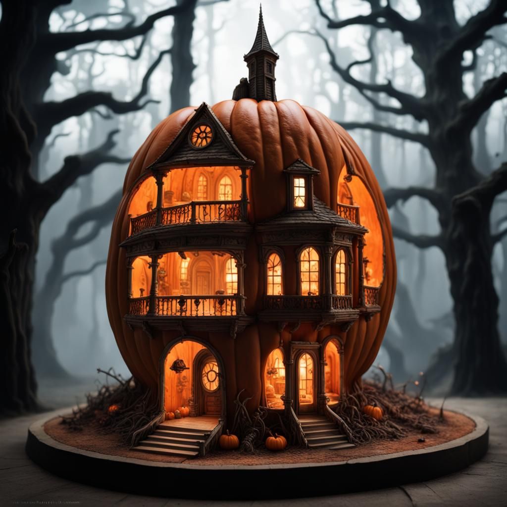 Ghost house carved pumpkin