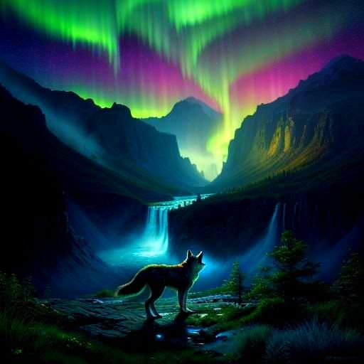 Mystical Wolf by Waterfall Under Night Sky