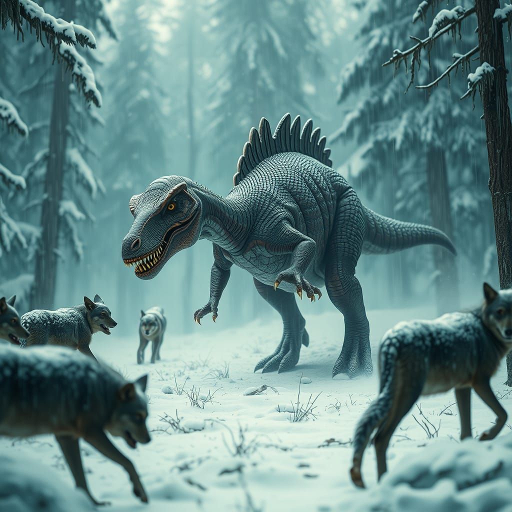 Hyperrealistic Spinosaurus Defends Against Wolves in Winter ...