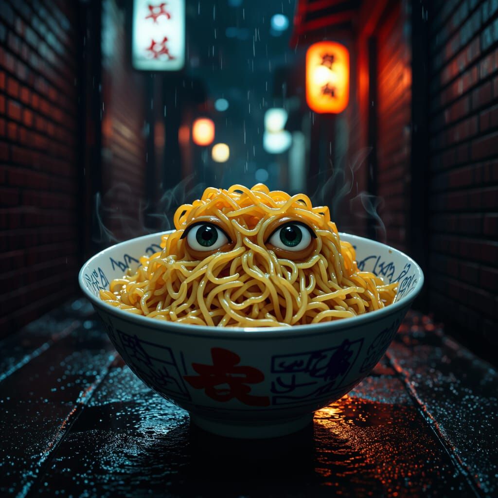 Sentient Ramen Contemplates Existence: Cinematic Still
