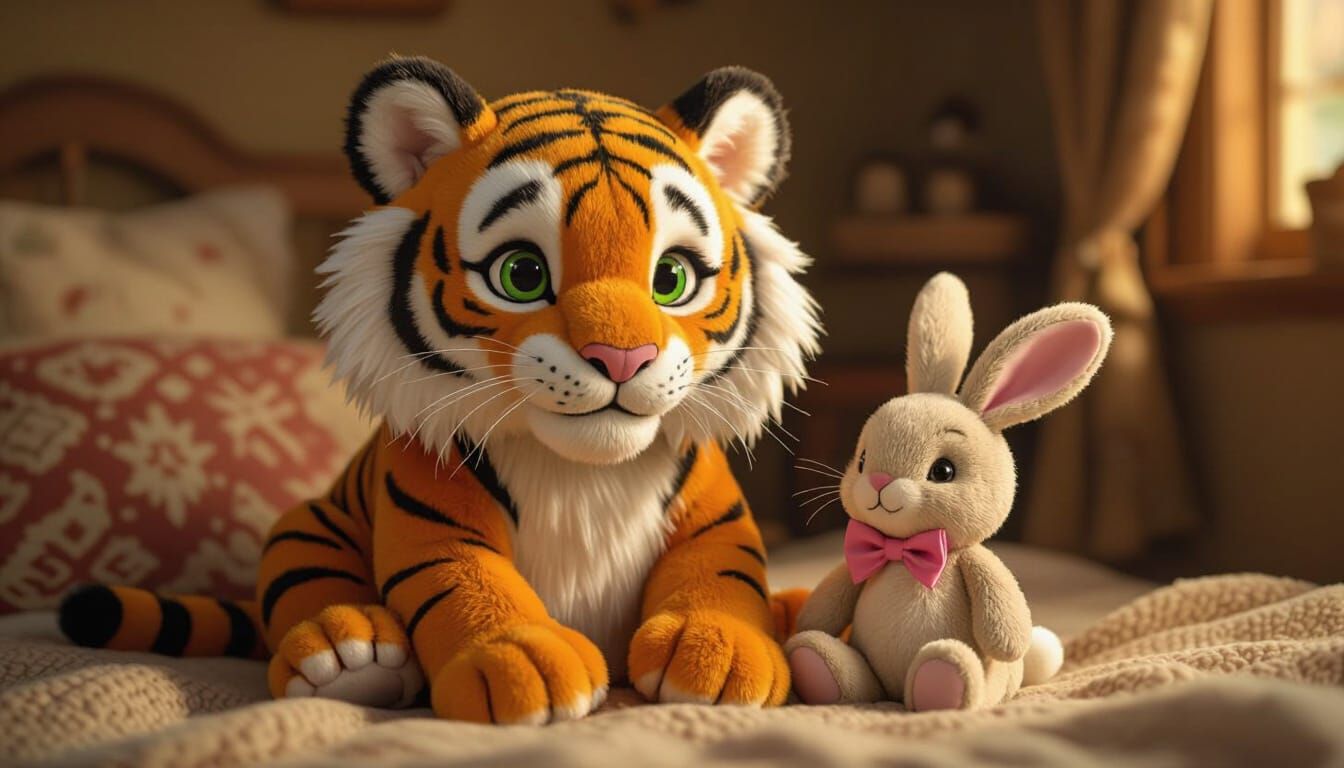 Plush Tiger and Rabbit in Whimsical Style