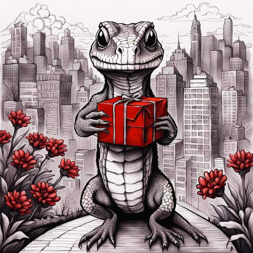 Sweet Reptile Gift in Surreal Cityscape Ink Drawing