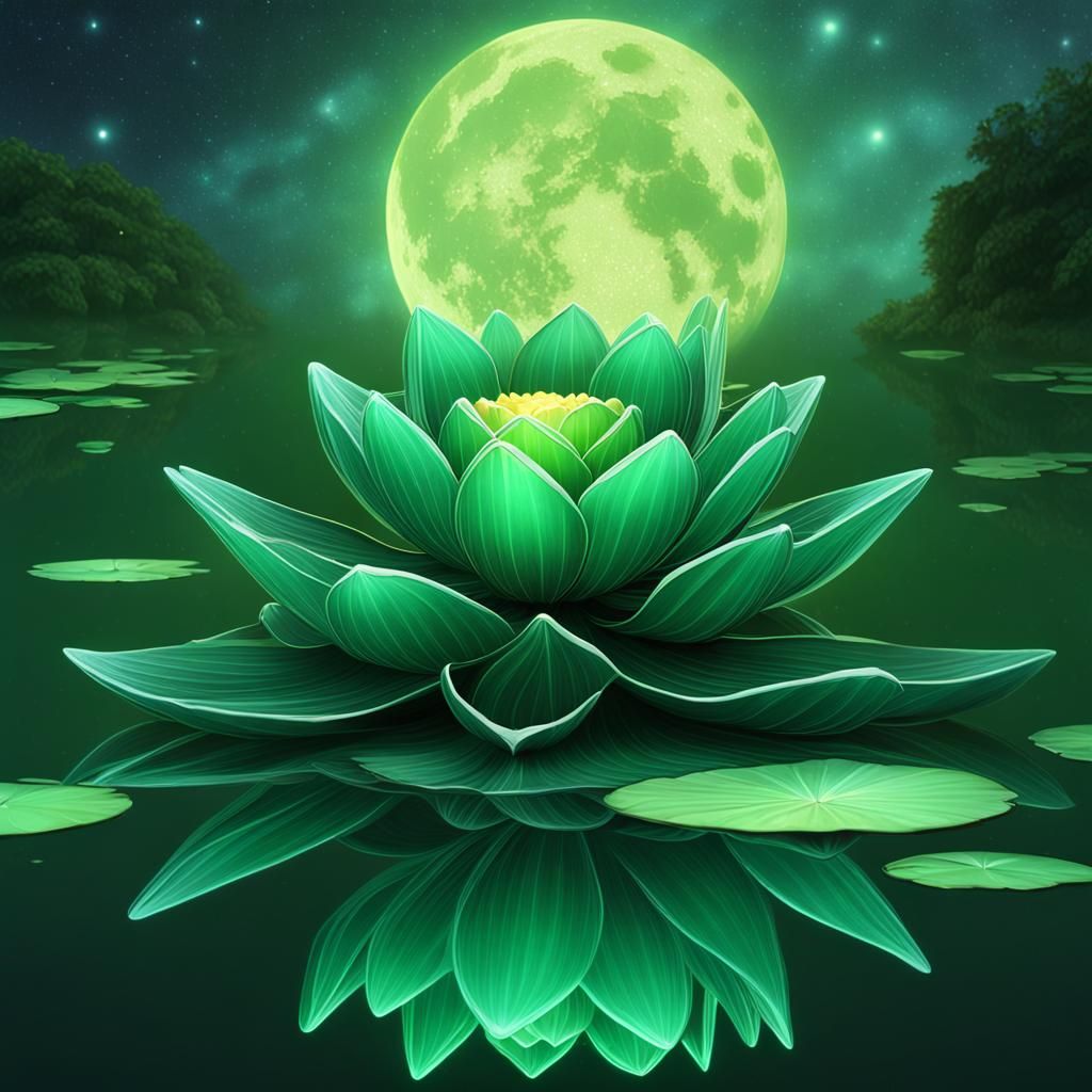 Dark Green Lotus in Moonlight, Fantasy Concept Art