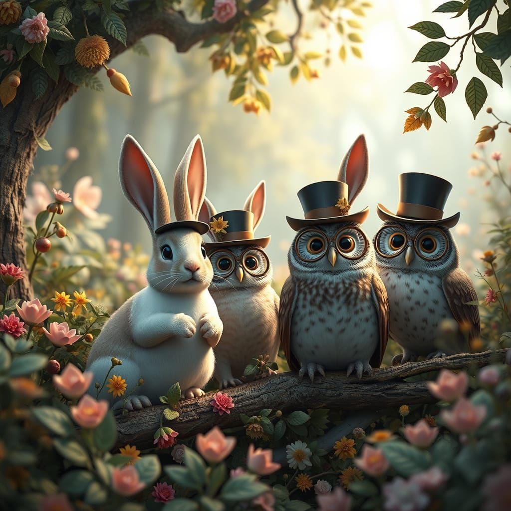 Anime-Inspired Woodland Scene with Rabbits and Owls