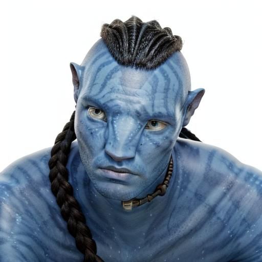 <lora:Navi Avatar:1.0> male Navi in his 30s, blue skin, shaved sides, braids