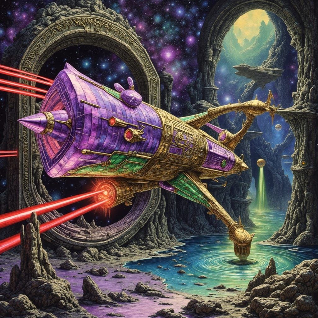 Crystal Alien Spaceship Speeding Through Liquid Light