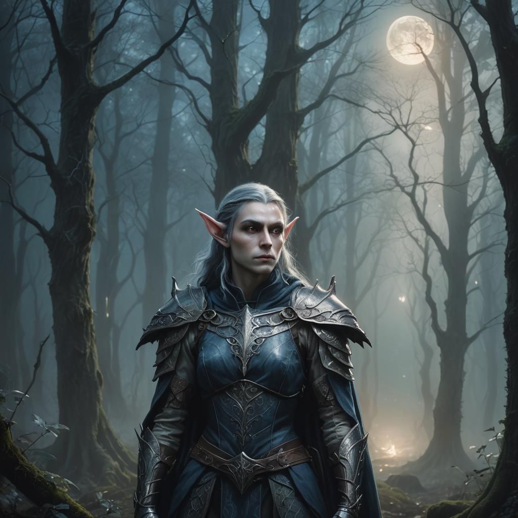 Elf in Misty Forest: Gothic Oil Painting