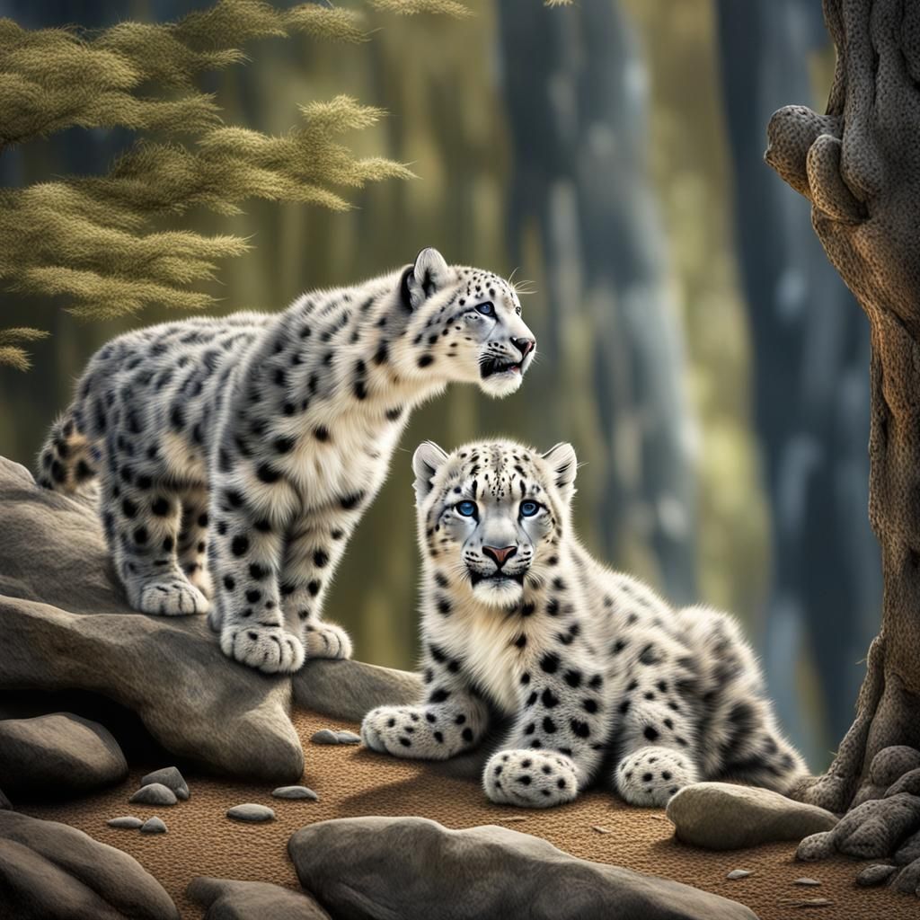 Snow Leopard Cubs Playing: Hyperrealistic Cinematic Image