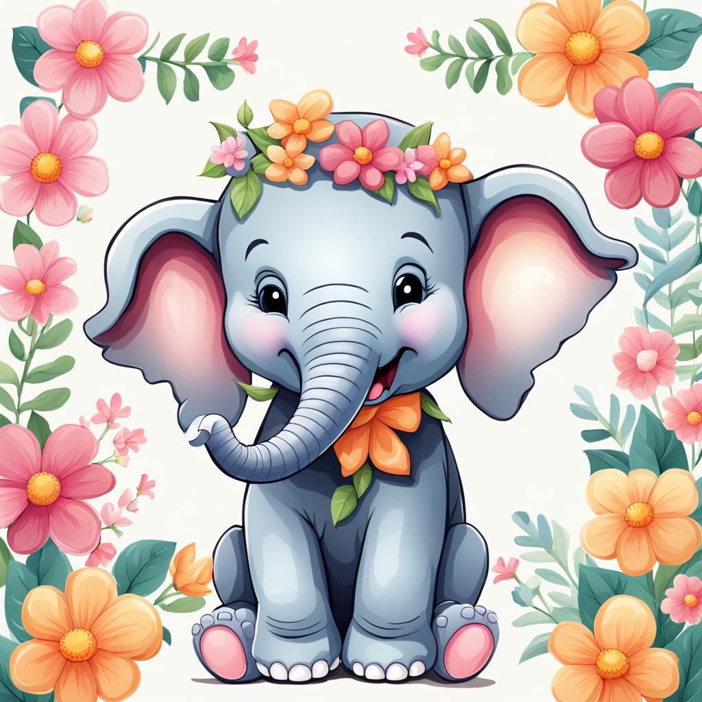 Cute Cartoon Elephant with Chalkboard in Kawaii Style