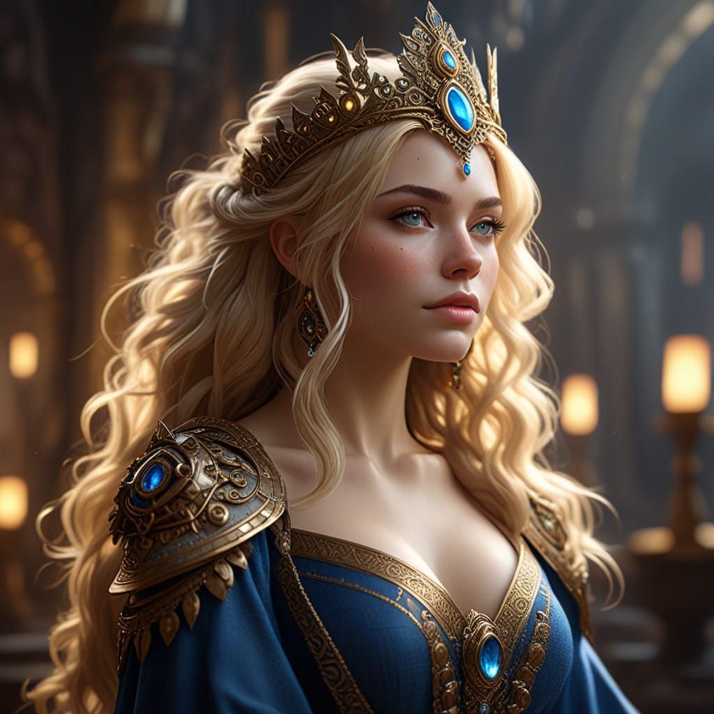 Regal Woman with Golden Hair and Blue Gemstones