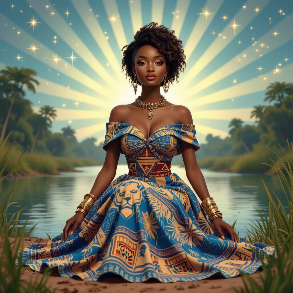 Elegant African Woman in Kente Gown in DR Congo Rainforest