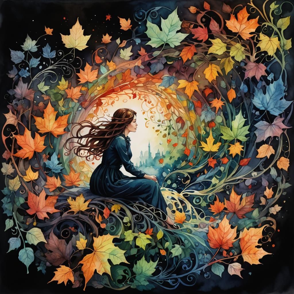 Dreamlike Autumn Scene in Watercolor Botanical Style