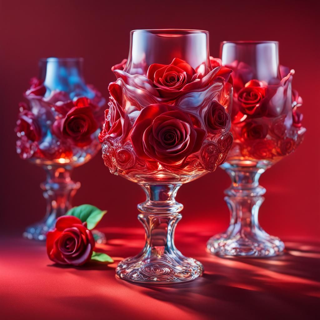 Hyperrealistic Red Glassware with Embedded Rose Details